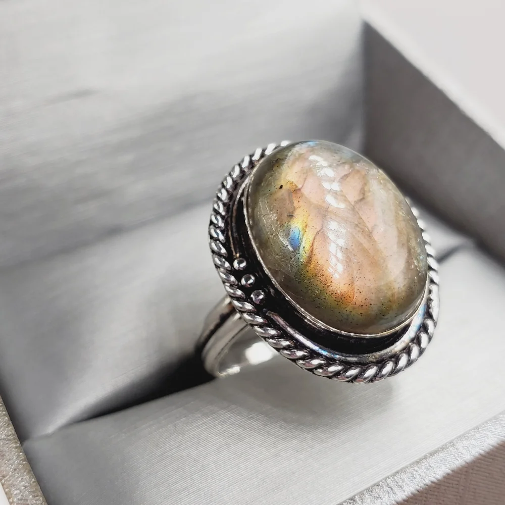 Genuine Oval Bezel Set Labradorite 925 Sterling Silver Ring